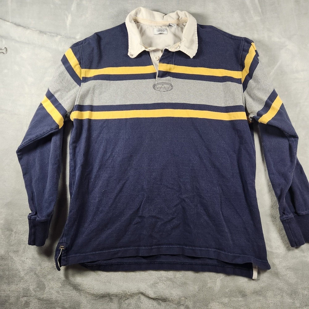 Vintage IZOD Rugby Shirt Mens L Navy Blue Yellow Striped Retro Varsity LS